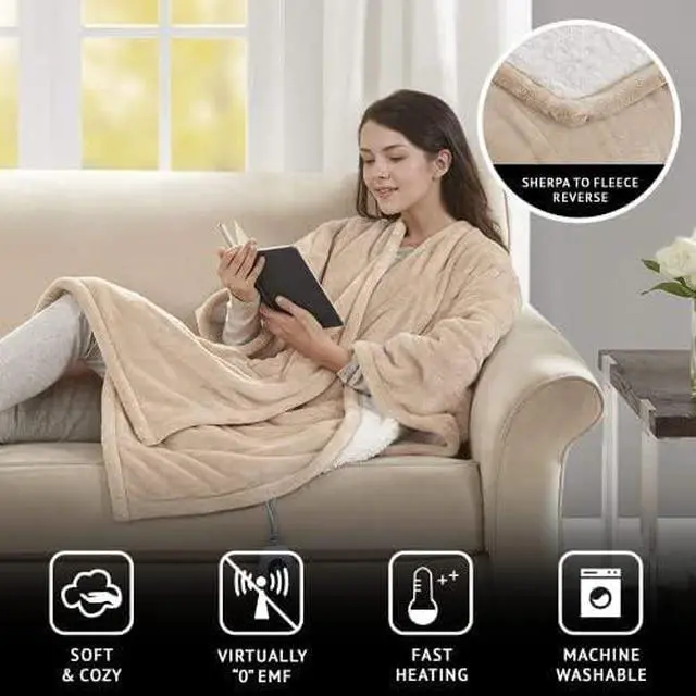 Alt view image 3 of 6 - Wearable Electric Poncho Wrap Blanket, Ultra Soft Sherpa & Berber Fleece Heated Throw with Low EMF, UL Certified & OEKO-TEX, 3 Heat Settings & 2 Hour Auto Shutoff, Gift-Ready, 50"x64",Tan