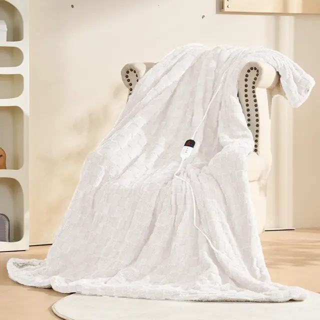 Main image of Electric Blanket Throw - Soft Checked Flannel with 6 Heating Levels, 4 Hours Auto-Off, Fast Heating, ETL & FCC Certified, 50"x60", Overheating Protection, Cozy Heated Blanket ThrowWhite