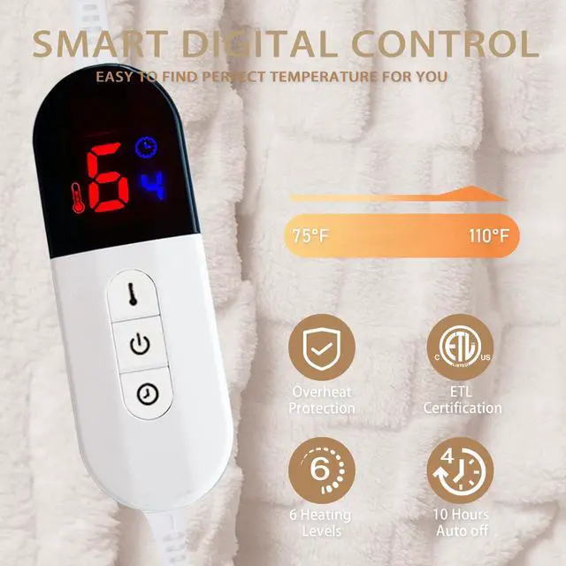 Alt view image 3 of 7 - Electric Blanket Throw - Soft Checked Flannel with 6 Heating Levels, 4 Hours Auto-Off, Fast Heating, ETL & FCC Certified, 50"x60", Overheating Protection, Cozy Heated Blanket ThrowWhite