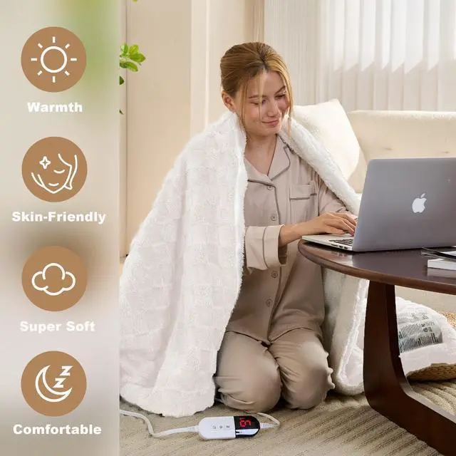 Alt view image 6 of 7 - Electric Blanket Throw - Soft Checked Flannel with 6 Heating Levels, 4 Hours Auto-Off, Fast Heating, ETL & FCC Certified, 50"x60", Overheating Protection, Cozy Heated Blanket ThrowWhite