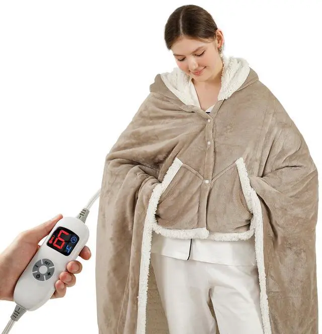 Main image of Wearable Heated Blanket Electric Throw, Heated Shawl with 6 Heating Levels and 1-4 Hours Auto Off, Heated Hoodie Women for Mom Women Seniors Grandma 50"×64" Light Beige