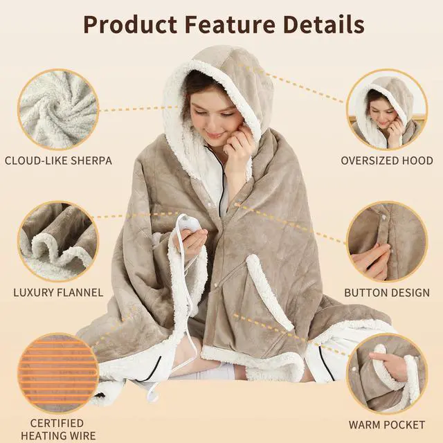 Alt view image 2 of 7 - Wearable Heated Blanket Electric Throw, Heated Shawl with 6 Heating Levels and 1-4 Hours Auto Off, Heated Hoodie Women for Mom Women Seniors Grandma 50"×64" Light Beige