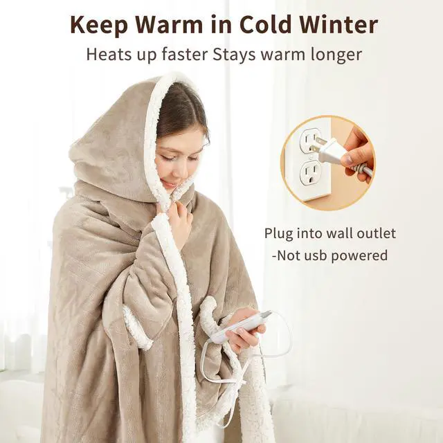 Alt view image 3 of 7 - Wearable Heated Blanket Electric Throw, Heated Shawl with 6 Heating Levels and 1-4 Hours Auto Off, Heated Hoodie Women for Mom Women Seniors Grandma 50"×64" Light Beige