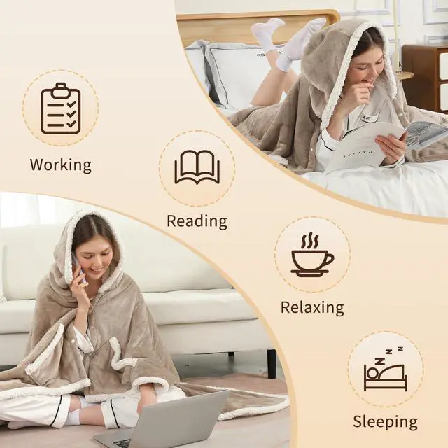 Alt view image 4 of 7 - Wearable Heated Blanket Electric Throw, Heated Shawl with 6 Heating Levels and 1-4 Hours Auto Off, Heated Hoodie Women for Mom Women Seniors Grandma 50"×64" Light Beige