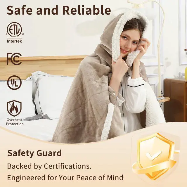 Alt view image 6 of 7 - Wearable Heated Blanket Electric Throw, Heated Shawl with 6 Heating Levels and 1-4 Hours Auto Off, Heated Hoodie Women for Mom Women Seniors Grandma 50"×64" Light Beige