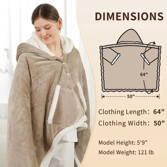 Alt view image 7 of 7 - Wearable Heated Blanket Electric Throw, Heated Shawl with 6 Heating Levels and 1-4 Hours Auto Off, Heated Hoodie Women for Mom Women Seniors Grandma 50"×64" Light Beige