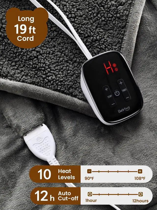 Alt view image 2 of 7 - Electric Blanket Twin Size, 90°F-108°F Fast Heating Throw with 10 Heat Levels & 1-12H Auto Shut-Off, Machine Washable Soft Velvet and Sherpa Heated Blanket for Bed or Couch, Gray