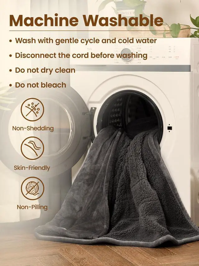 Alt view image 4 of 7 - Electric Blanket Twin Size, 90°F-108°F Fast Heating Throw with 10 Heat Levels & 1-12H Auto Shut-Off, Machine Washable Soft Velvet and Sherpa Heated Blanket for Bed or Couch, Gray