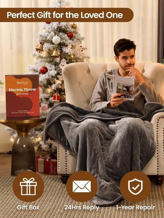 Alt view image 6 of 7 - Electric Blanket Twin Size, 90°F-108°F Fast Heating Throw with 10 Heat Levels & 1-12H Auto Shut-Off, Machine Washable Soft Velvet and Sherpa Heated Blanket for Bed or Couch, Gray