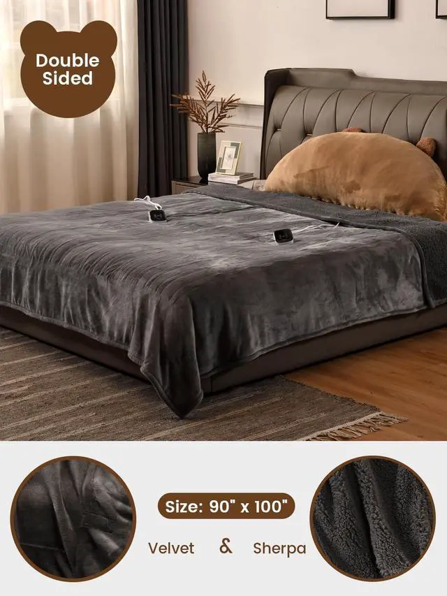 Alt view image 3 of 7 - Electric Blanket Twin Size, 90°F-108°F Fast Heating Throw with 10 Heat Levels & 1-12H Auto Shut-Off, Machine Washable Soft Velvet and Sherpa Heated Blanket for Bed or Couch, Gray