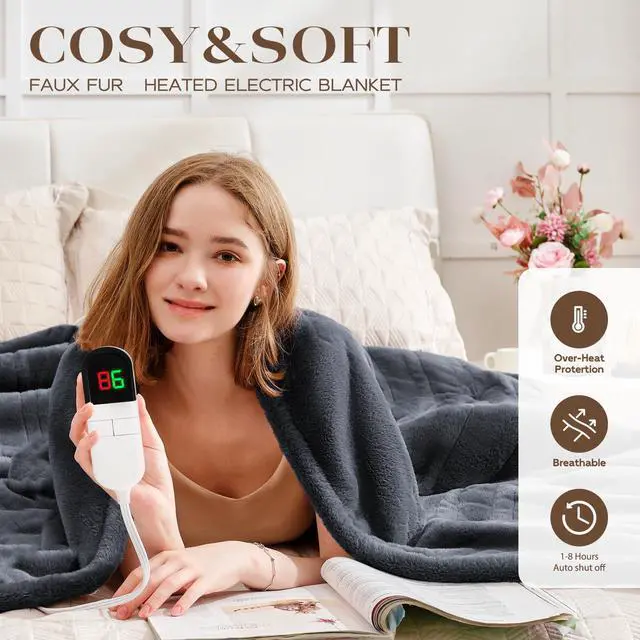 Alt view image 2 of 7 - Premium Heated Throw Blanket 50"×60" - Ultra Cosy Soft Electric Blanket with 8 Heating Levels,Plush Fast Heating Faux Rabbit Fur Blanket for Bed & Couch - Auto Shut Off,Machine Washable(Grey)