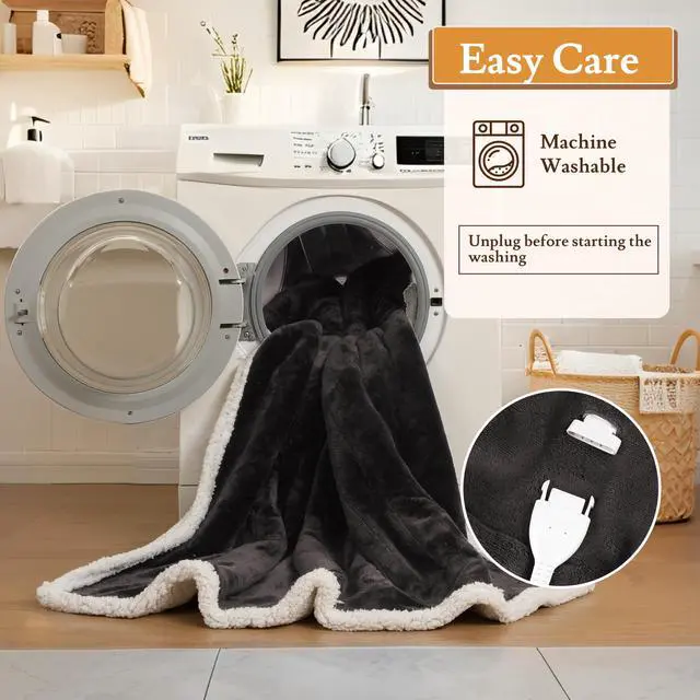 Alt view image 7 of 7 - Electric Heated Blanket 62"×84" Twin Size, Sherpa & Smooth Cozy for Home, Office, Hotel, 4 Heating Levels & 10H Auto-Off, Full Body Warmth, Quick Heating, Parents's Gifts- Dark Gray