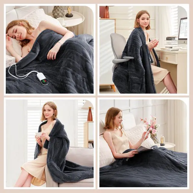 Alt view image 6 of 7 - Premium Heated Throw Blanket 50"×60" - Ultra Cosy Soft Electric Blanket with 8 Heating Levels,Plush Fast Heating Faux Rabbit Fur Blanket for Bed & Couch - Auto Shut Off,Machine Washable(Grey)