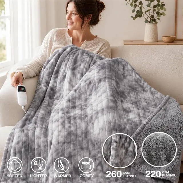 Alt view image 2 of 7 - Heated Electric Blanket Throw 50''x60'' - Fast Tie-Dye Heating Blanket, Washable Heat Blanket 10 Heating Settings, 8h Timer Auto Off & Heated Protection, Soft Flannel & Sherpa Material