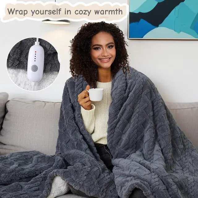 Alt view image 3 of 5 - Electric Heated Blanket Throw Size 50"x60", Ultra Soft Sherpa Fleece, 5 Heat Levels & 3-Hour Auto-Off, Fast Heating for Cozy Winter Comfort, for Office & Chair, Dark Gray