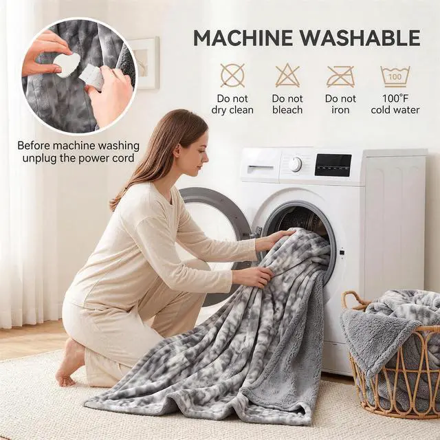 Alt view image 7 of 7 - Heated Electric Blanket Throw 50''x60'' - Fast Tie-Dye Heating Blanket, Washable Heat Blanket 10 Heating Settings, 8h Timer Auto Off & Heated Protection, Soft Flannel & Sherpa Material