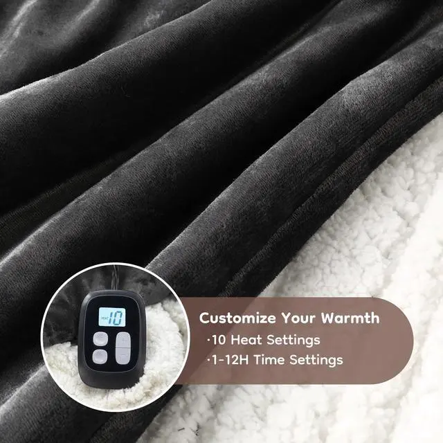 Alt view image 4 of 7 - Electric Heated Blanket Full Size 72 x 84, Fast Heating Blanket, Dual-Sided Flannel Sherpa, 10 Heat Settings, 1-12 Hour Auto Off, Machine Washable, Dark Grey