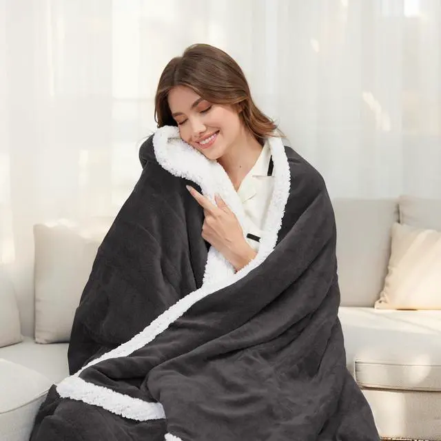 Alt view image 3 of 7 - Electric Heated Blanket Full Size 72 x 84, Fast Heating Blanket, Dual-Sided Flannel Sherpa, 10 Heat Settings, 1-12 Hour Auto Off, Machine Washable, Dark Grey