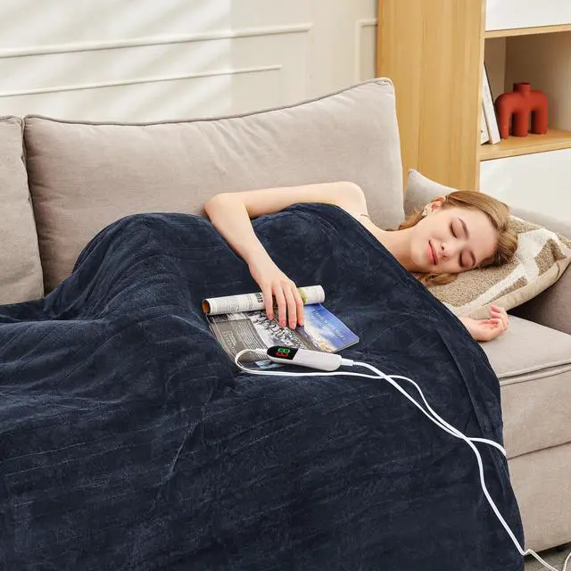 Alt view image 7 of 7 - Heated Throw Blanket 50"×60" - Premium Cosy Soft Electric Blanket with 6 Heating Levels,Fast Heating Flannel Sherpa Blanket for Bed & Couch - Auto Shut Off/Machine Washable (Navy Blue)