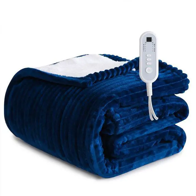 Main image of Heated Blanket Electric Navy Blue Throw - 50"x60" Heating Blanket Throw 1/2/4/6/8 Hours Auto-Off 8 Heat Level Over-Heat Protection Ribbed Flannel Sherpa Electric ETL Certification