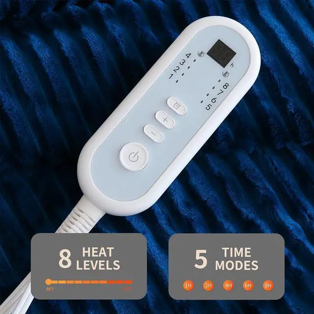Alt view image 6 of 7 - Heated Blanket Electric Navy Blue Throw - 50"x60" Heating Blanket Throw 1/2/4/6/8 Hours Auto-Off 8 Heat Level Over-Heat Protection Ribbed Flannel Sherpa Electric ETL Certification
