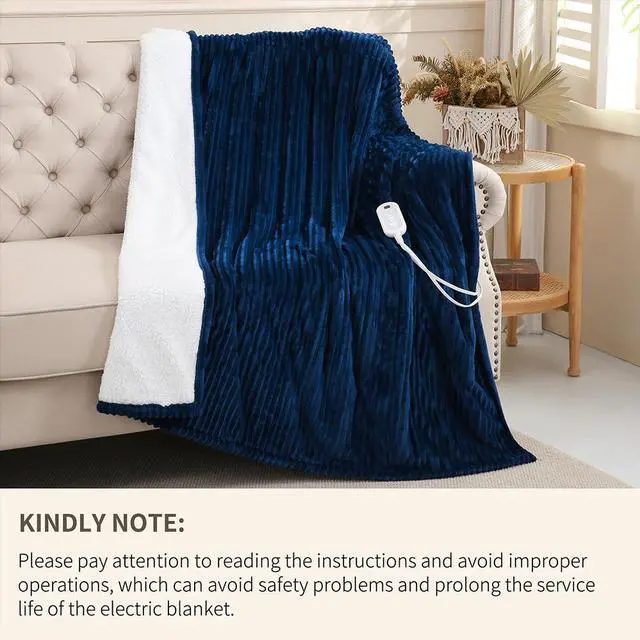 Alt view image 5 of 7 - Heated Blanket Electric Navy Blue Throw - 50"x60" Heating Blanket Throw 1/2/4/6/8 Hours Auto-Off 8 Heat Level Over-Heat Protection Ribbed Flannel Sherpa Electric ETL Certification