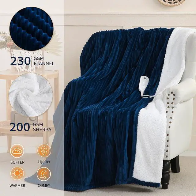 Alt view image 3 of 7 - Heated Blanket Electric Navy Blue Throw - 50"x60" Heating Blanket Throw 1/2/4/6/8 Hours Auto-Off 8 Heat Level Over-Heat Protection Ribbed Flannel Sherpa Electric ETL Certification
