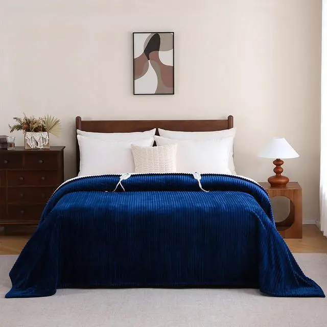 Alt view image 4 of 7 - Heated Blanket Electric Navy Blue Throw - 50"x60" Heating Blanket Throw 1/2/4/6/8 Hours Auto-Off 8 Heat Level Over-Heat Protection Ribbed Flannel Sherpa Electric ETL Certification