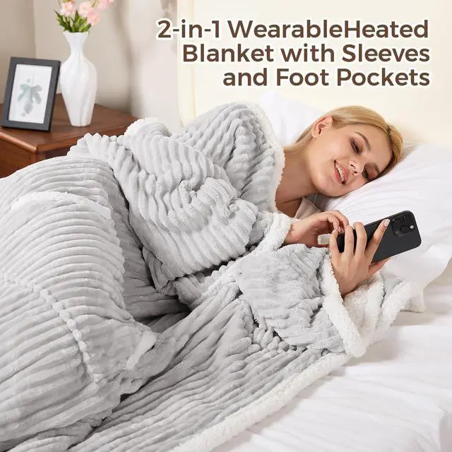 Alt view image 6 of 7 - Electric Blanket Heated Throw, Soft Flannel & Sherpa Wearable Heated Blanket with Sleeves, Heating Wearable Blanket with 6 Heating Levels & 12H Auto Off, ETL Certified, Home Office Use 52x72 Inch Grey
