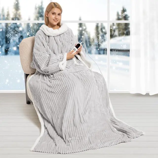 Main image of Electric Blanket Heated Throw, Soft Flannel & Sherpa Wearable Heated Blanket with Sleeves, Heating Wearable Blanket with 6 Heating Levels & 12H Auto Off, ETL Certified, Home Office Use 52x72 Inch Grey