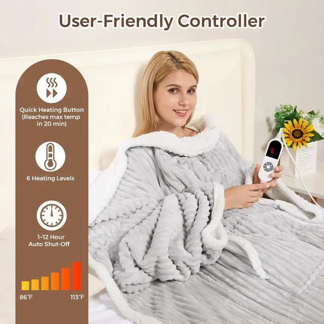 Alt view image 3 of 7 - Electric Blanket Heated Throw, Soft Flannel & Sherpa Wearable Heated Blanket with Sleeves, Heating Wearable Blanket with 6 Heating Levels & 12H Auto Off, ETL Certified, Home Office Use 52x72 Inch Grey