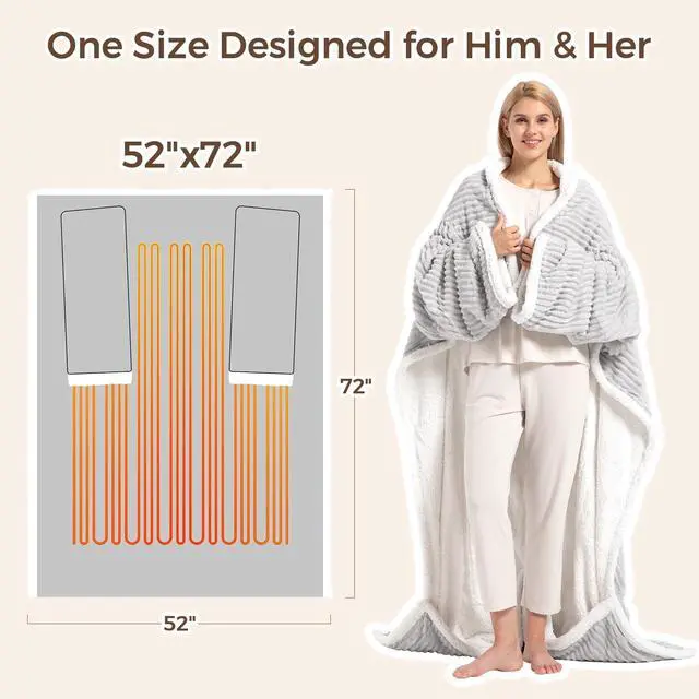 Alt view image 4 of 7 - Electric Blanket Heated Throw, Soft Flannel & Sherpa Wearable Heated Blanket with Sleeves, Heating Wearable Blanket with 6 Heating Levels & 12H Auto Off, ETL Certified, Home Office Use 52x72 Inch Grey