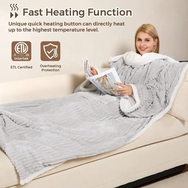 Alt view image 7 of 7 - Electric Blanket Heated Throw, Soft Flannel & Sherpa Wearable Heated Blanket with Sleeves, Heating Wearable Blanket with 6 Heating Levels & 12H Auto Off, ETL Certified, Home Office Use 52x72 Inch Grey