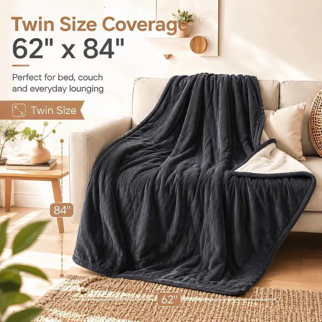 Alt view image 3 of 7 - Electric Heated Blanket 62"x84" Twin Size, Dual-Sided Flannel & Sherpa, 9 Heat Settings & 1-10H Auto Off, Soft Warm for Home Office Bed Couch, Machine Washable, ETL Certified, Iron Gray
