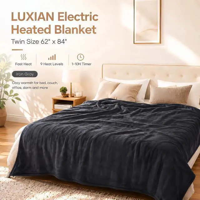 Alt view image 2 of 7 - Electric Heated Blanket 62"x84" Twin Size, Dual-Sided Flannel & Sherpa, 9 Heat Settings & 1-10H Auto Off, Soft Warm for Home Office Bed Couch, Machine Washable, ETL Certified, Iron Gray