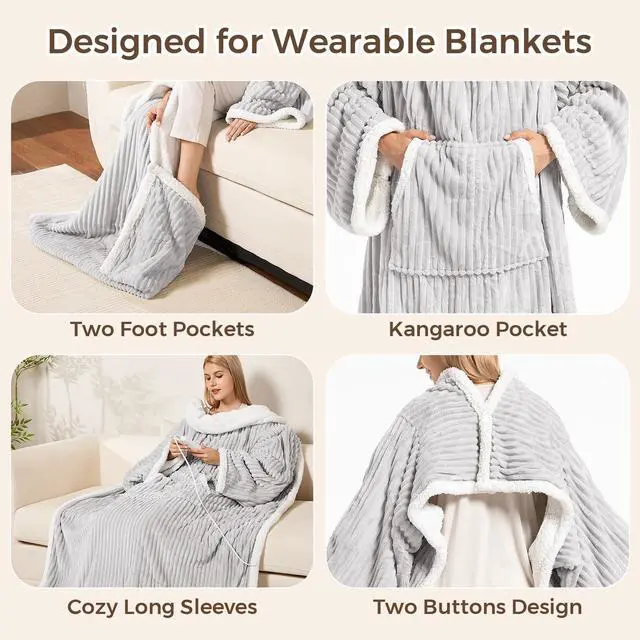 Alt view image 5 of 7 - Electric Blanket Heated Throw, Soft Flannel & Sherpa Wearable Heated Blanket with Sleeves, Heating Wearable Blanket with 6 Heating Levels & 12H Auto Off, ETL Certified, Home Office Use 52x72 Inch Grey