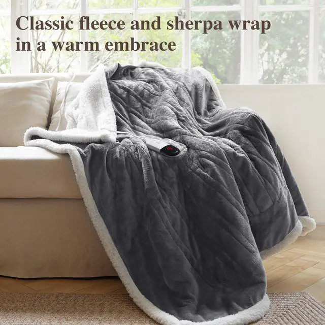 Alt view image 2 of 7 - Heated Throw Blanket Electric Blanket - Heating Blanket Throw with 6 Heat Levels & 4 Hours Auto-Off, Cozy Soft Fleece Sherpa Blanket, Washable, Fast Heating, 50 x 60 Inches, Grey