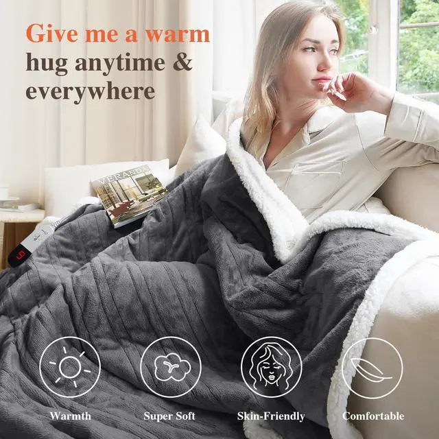 Alt view image 3 of 7 - Heated Throw Blanket Electric Blanket - Heating Blanket Throw with 6 Heat Levels & 4 Hours Auto-Off, Cozy Soft Fleece Sherpa Blanket, Washable, Fast Heating, 50 x 60 Inches, Grey