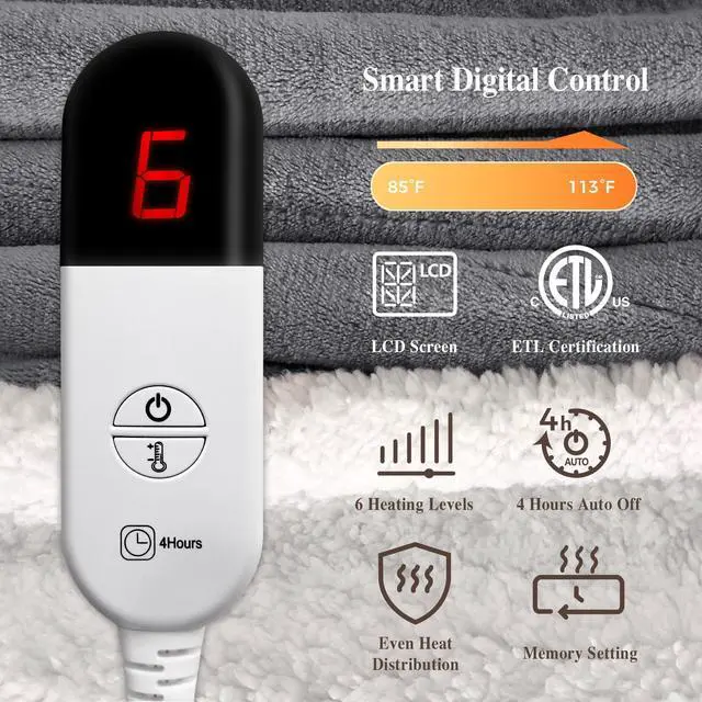 Alt view image 5 of 7 - Heated Throw Blanket Electric Blanket - Heating Blanket Throw with 6 Heat Levels & 4 Hours Auto-Off, Cozy Soft Fleece Sherpa Blanket, Washable, Fast Heating, 50 x 60 Inches, Grey