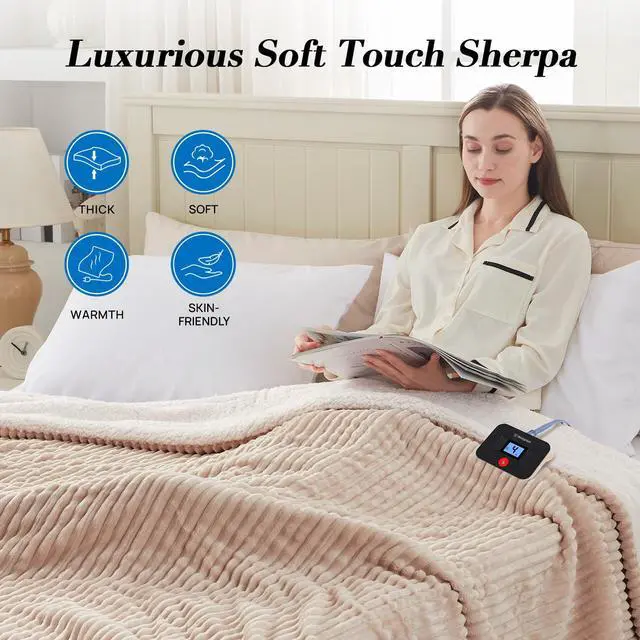 Alt view image 4 of 7 - Electric Blanket Twin, Soft Ribbed Flannel to Sherpa Heated Blanket with 10 Heating Levels & 1-12 Hours Auto Shut Off, Fast Heating & Machine Washable, 62x84 Inch, Beige