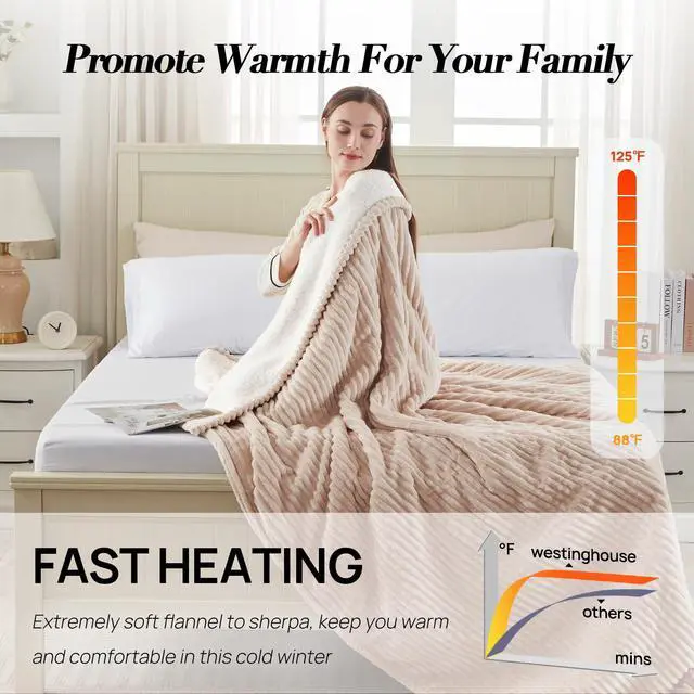 Alt view image 5 of 7 - Electric Blanket Twin, Soft Ribbed Flannel to Sherpa Heated Blanket with 10 Heating Levels & 1-12 Hours Auto Shut Off, Fast Heating & Machine Washable, 62x84 Inch, Beige