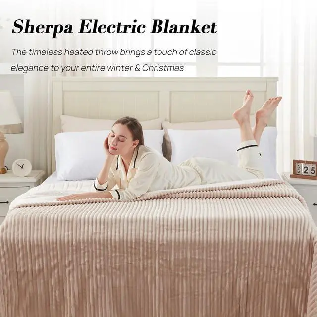 Alt view image 7 of 7 - Electric Blanket Twin, Soft Ribbed Flannel to Sherpa Heated Blanket with 10 Heating Levels & 1-12 Hours Auto Shut Off, Fast Heating & Machine Washable, 62x84 Inch, Beige