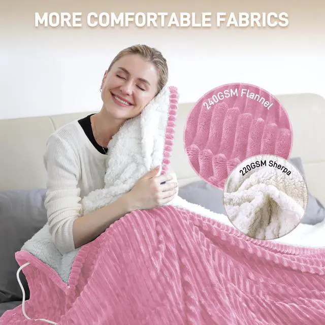 Alt view image 3 of 7 - Heated Blanket - Queen Size Electric Blanket 84" x 90" Soft Flannel Heating Blanket with 10 Time Settings, 6 Heat Settings, Machine Washable with Over-Heat Protection (Pink)