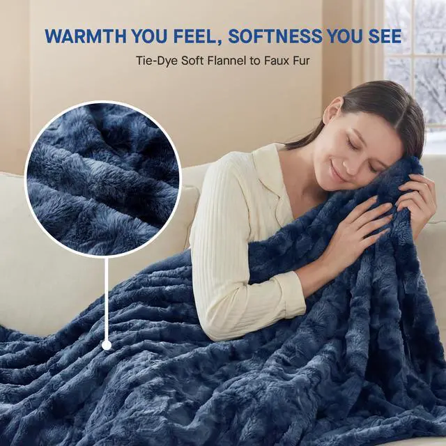 Alt view image 2 of 7 - Electric Blanket Twin Size, Faux Fur & Flannel Heated Blanket with 10 Heating Levels & 1-12 Hours Auto Off, Fast Heating Blanket, Machine Washable, Navy Blue, 62x 84 Inch