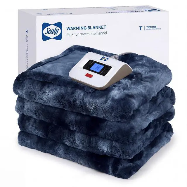 Main image of Electric Blanket Twin Size, Faux Fur & Flannel Heated Blanket with 10 Heating Levels & 1-12 Hours Auto Off, Fast Heating Blanket, Machine Washable, Navy Blue, 62x 84 Inch