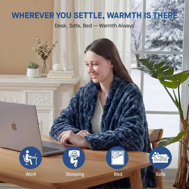 Alt view image 5 of 7 - Electric Blanket Twin Size, Faux Fur & Flannel Heated Blanket with 10 Heating Levels & 1-12 Hours Auto Off, Fast Heating Blanket, Machine Washable, Navy Blue, 62x 84 Inch