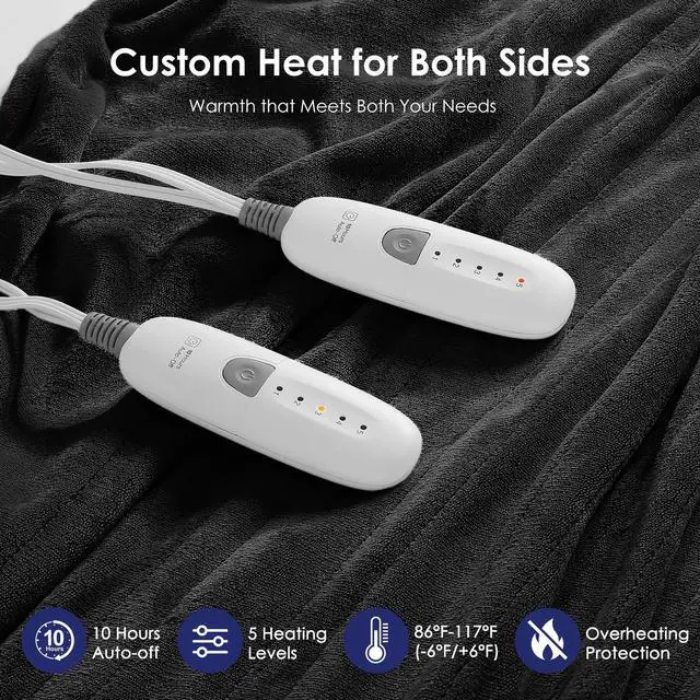 Alt view image 2 of 7 - Electric Blanket Queen Heated Blanket Queen Size 84''X90'' - Soft Plush Flannel with Dual Controllers, 5 Heating Level & 10 Hour Auto Off, ETL Certified, Warm Gifts for Grandma(Charcoal Grey)