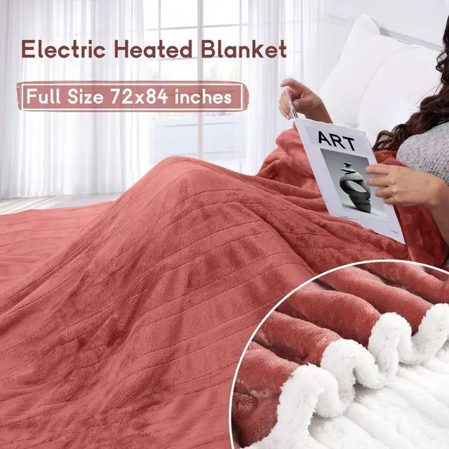 Alt view image 2 of 7 - Heated Blanket Electric Blanket Full Size 72''x84'' with 9 Heating Levels, 1-10 Hour Auto Shut Off, Machine Washable, Flannel & Sherpa Soft Warming Blanket for Couch, Bed, Office - Brick Red