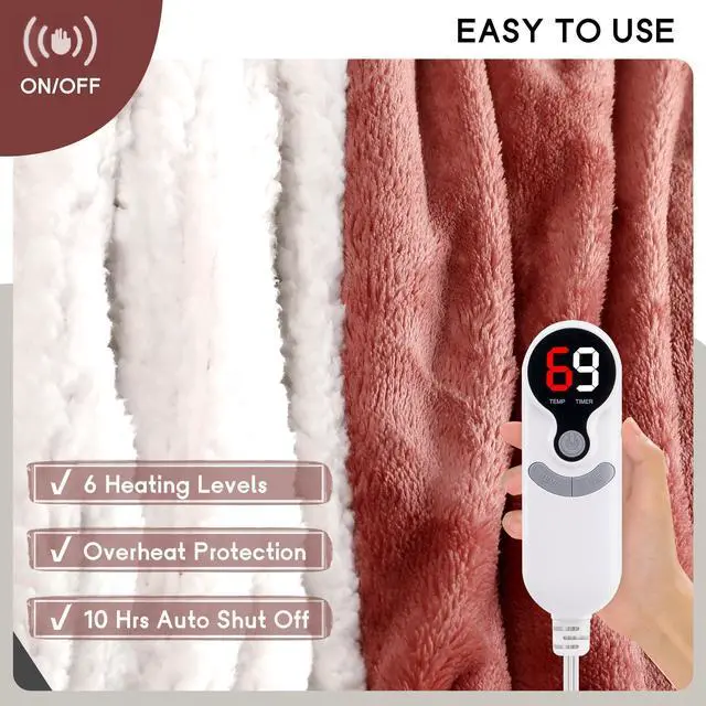 Alt view image 7 of 7 - Heated Blanket Electric Blanket Full Size 72''x84'' with 9 Heating Levels, 1-10 Hour Auto Shut Off, Machine Washable, Flannel & Sherpa Soft Warming Blanket for Couch, Bed, Office - Brick Red