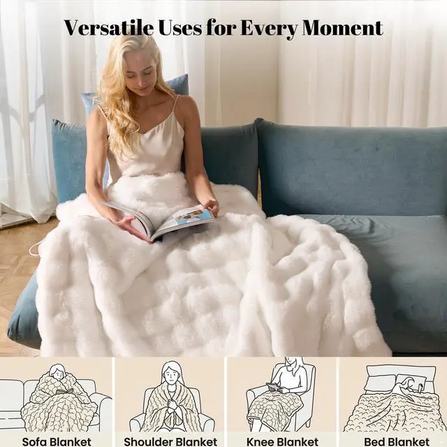 Alt view image 3 of 7 - Electric Heated Blanket Throw,Faux Rabbit Fur Heating Throw Blanket